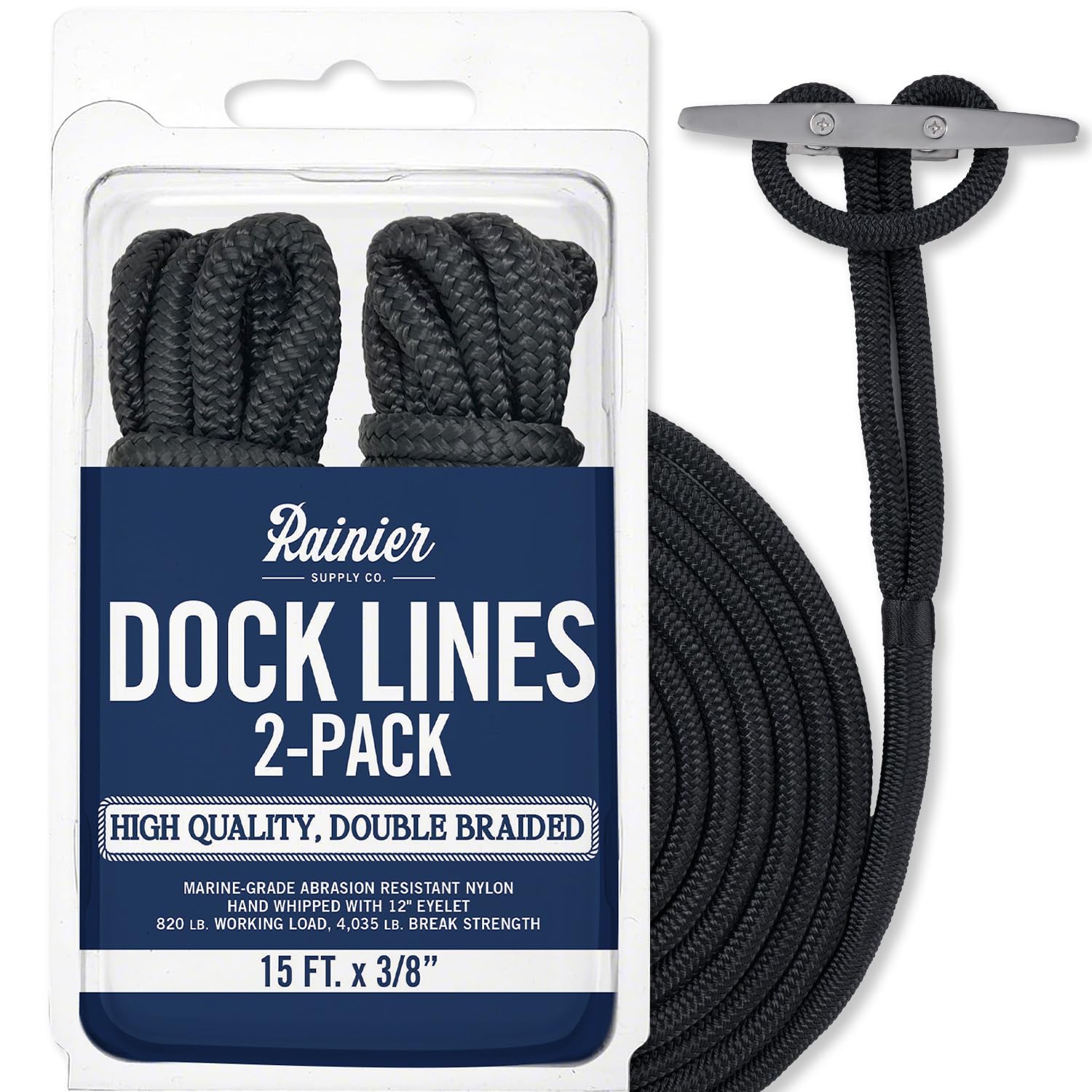 RainierSupplyCo Dock Lines 2-Pack - Boat Rope for Docking with Loop - 15 ft x 3/8 Inch Premium Double Braided Nylon Marine Rope - Mooring Line with 12" Eyelet - Boat Accessories - Black