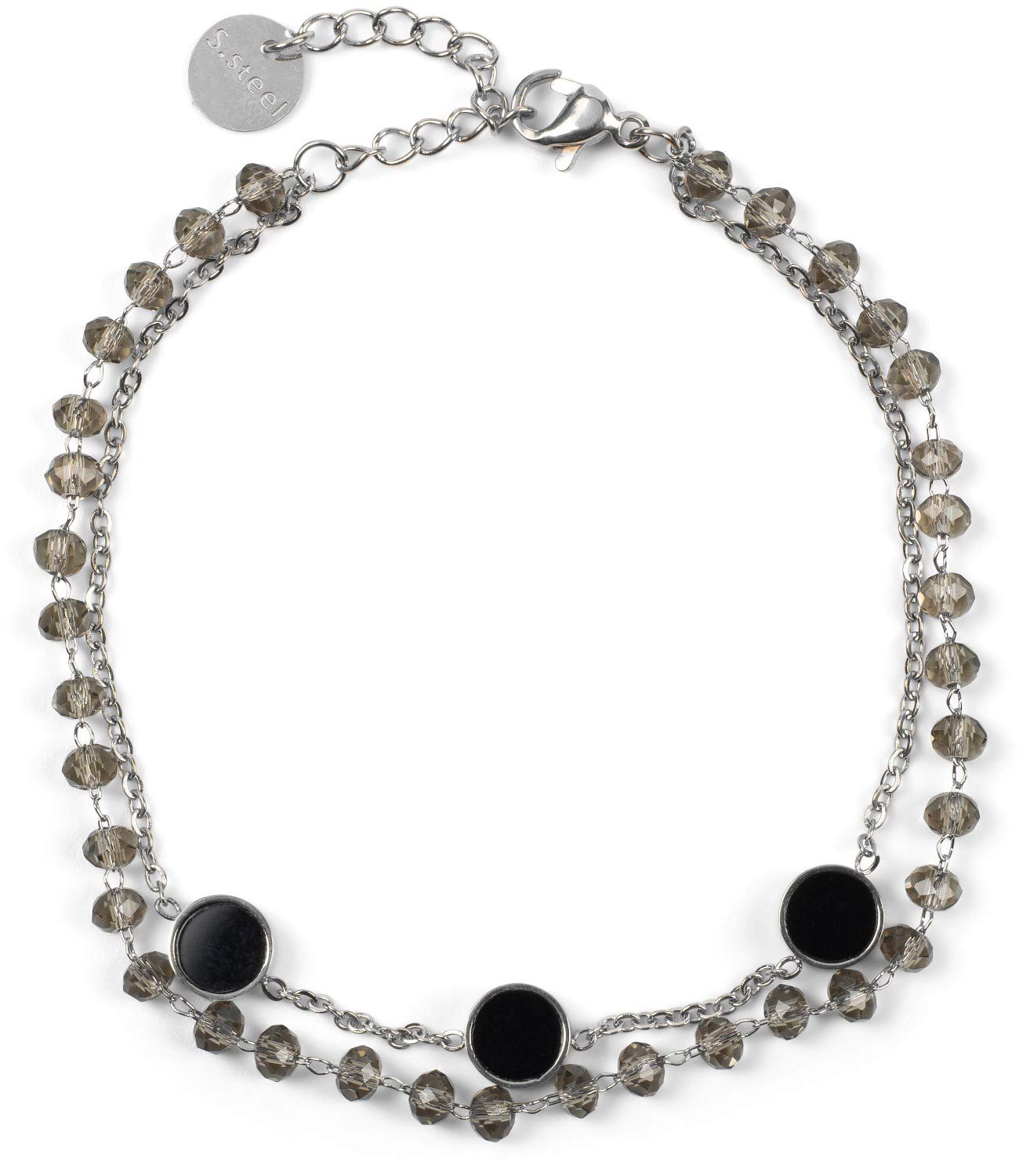 styleBREAKER Ladies Stainless Steel 2-Row Layer Bracelet with Plastic Beads and Round Pendants, Anchor Chain, Jewellery 05040186, Colour:Silver/Grey