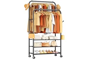 Furologee Clothes Racks for Hanging Clothes, Portable Rolling Garment Rack, Sturdy Metal Freestanding Cloths Racks with Wheels, Double Rods Wardrobe Rack for Bedroom Laundry Living Room