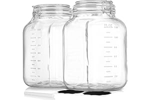 SOVIETIEP 2 Pack 1 Gallon Square Super Wide-Mouth Glass Jars with Airtight Lids - Glass Storage Jars with 2 Measurement Mark - Canning Jars with Large Capacity, Sturdy For Canning, Overnight Oats, 4200 ML