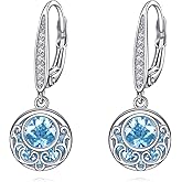 URONE Aquamarine Earrings 925 Sterling Silver Filigree Earring Dangle Leverback Earring Aquamarine Jewelry Gifts for Women