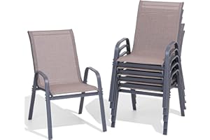 Dovov Patio Chairs Set of 6, Easily Set Up Stackable Outdoor Dining Chairs with High Back and Wide Seat, All Weather Breathable Outdoor Chairs Set of 6 with Metal Frame for Backyard Deck Pool, Brown