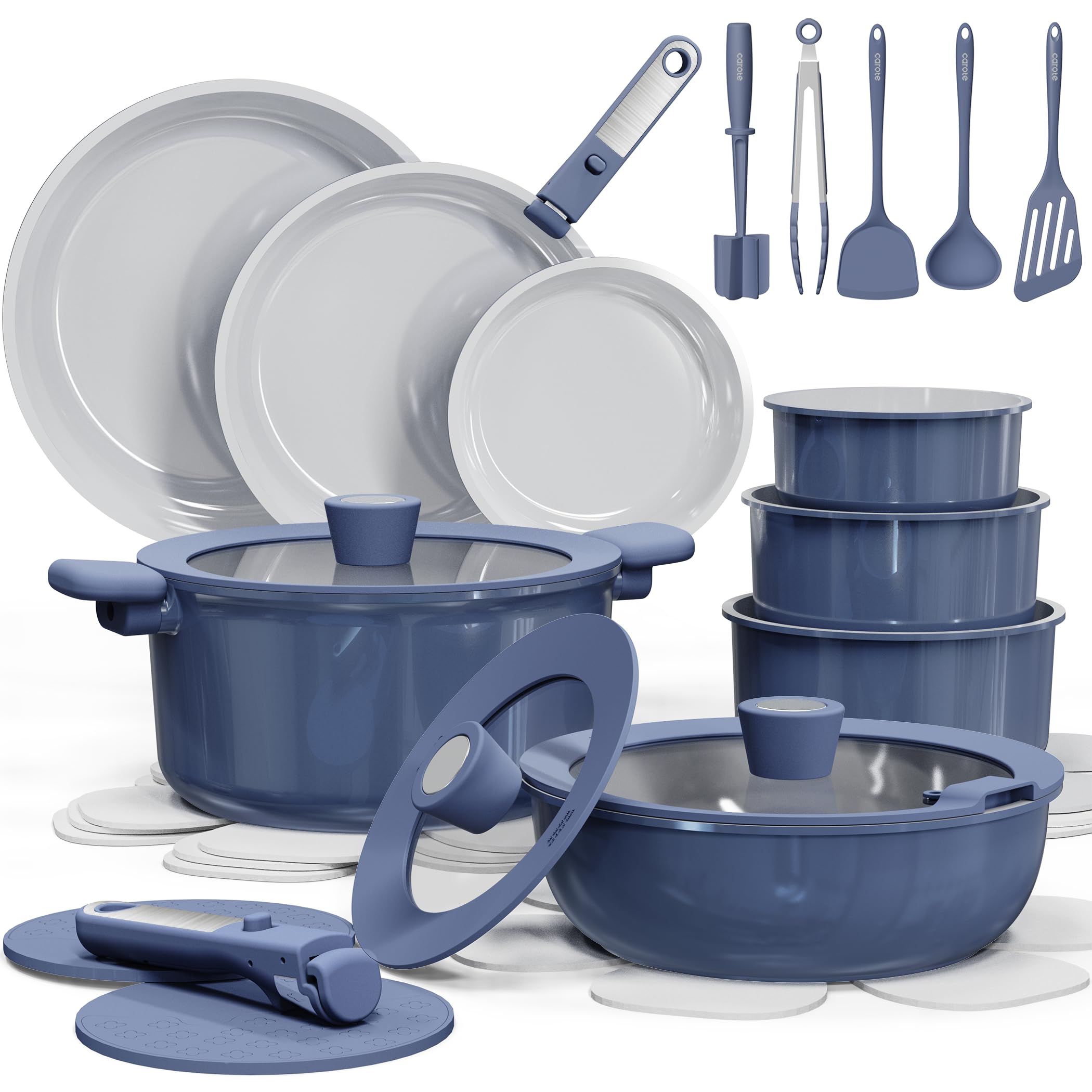 Photo 1 of CAROTE 27pcs Ceramic Cookware Set Nonstick, Pots and Pans Set Non stick, Non Toxic Cookware, Dishwasher/Oven Safe, RV/Camping Cookware Set, Pan and Pot with Kitchen Utensils, Navy Blue