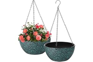 HIGSEEU 12 inch Hanging Planters for Indoor Plants, 2 Pack Planters for Outdoor Plants with Drainage Holes and Chain, Round Plastic Hanging Baskets, Hanging Flower Pots for Balcony Garden Decor-Black Speckle