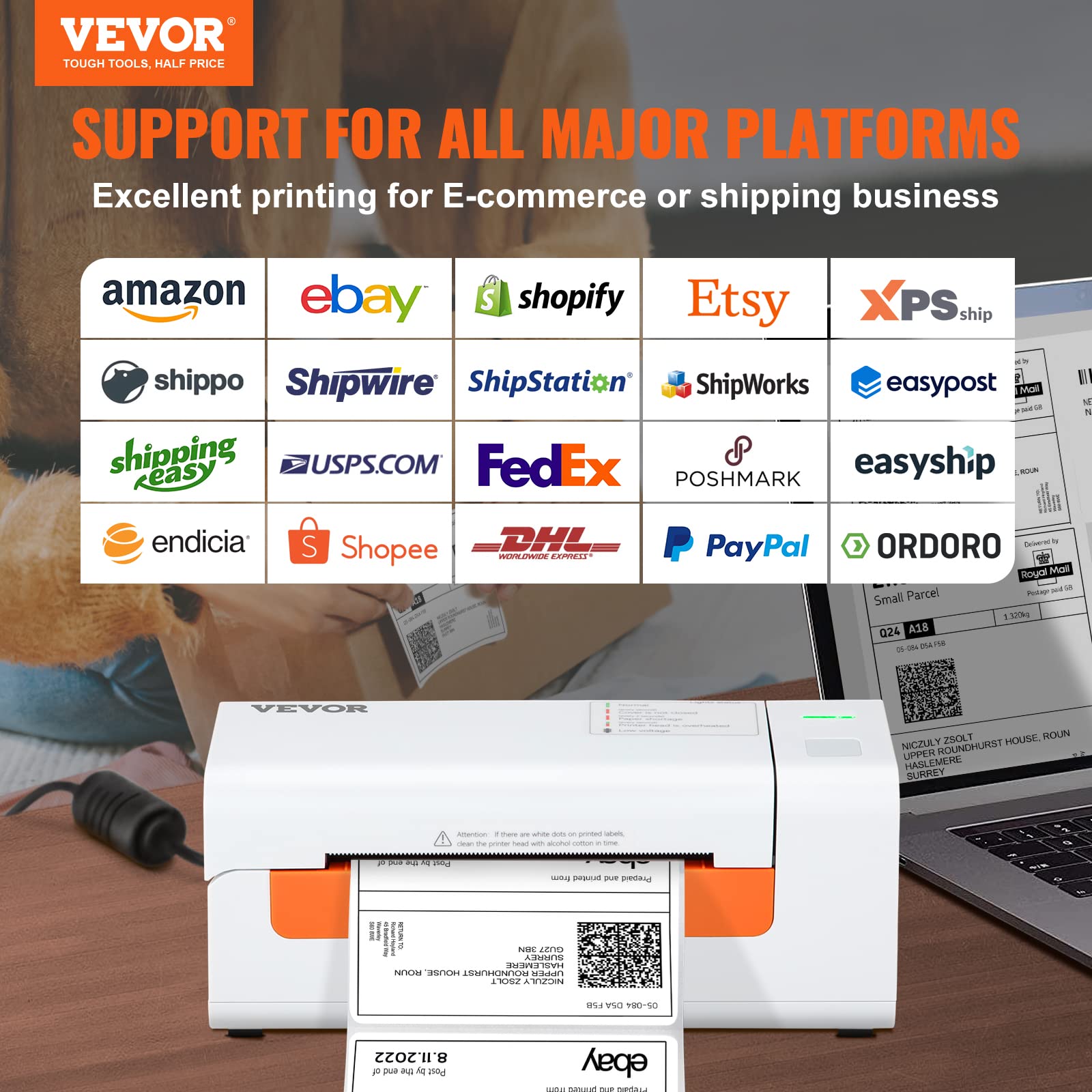 VEVOR Thermodirekt-Etikettendrucker 4x6 USB-Barcode 150 mm/s 203dpi für Paketversand kompatibel mit Amazon/eBay/Etsy/UPS Support Windows/macOS/Linux/Linux/Chromebook Weiß 2