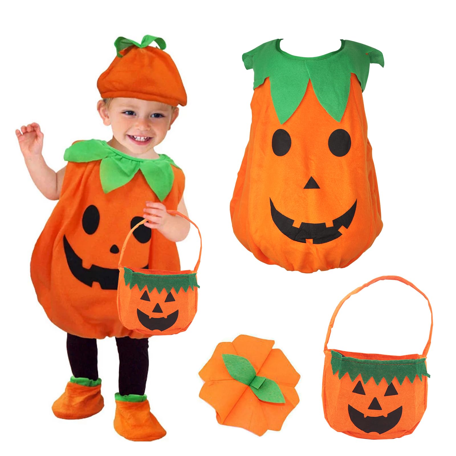 Celebration Directre Halloween Pumpkin Costume for Kids, Pumpkin Outfits Cosplay Festival Fancy Dress Pumpkin Outfit with Pumpkin Hat Candy Bag Shoes for Baby Boys Girls (S)
