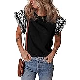 Pinclodly Ruffle Sleeve Tops for Women Bohemian Floral Trim Crewneck Tshirts Casual Loose Patchwork Cap Sleeve Peasant Tops
