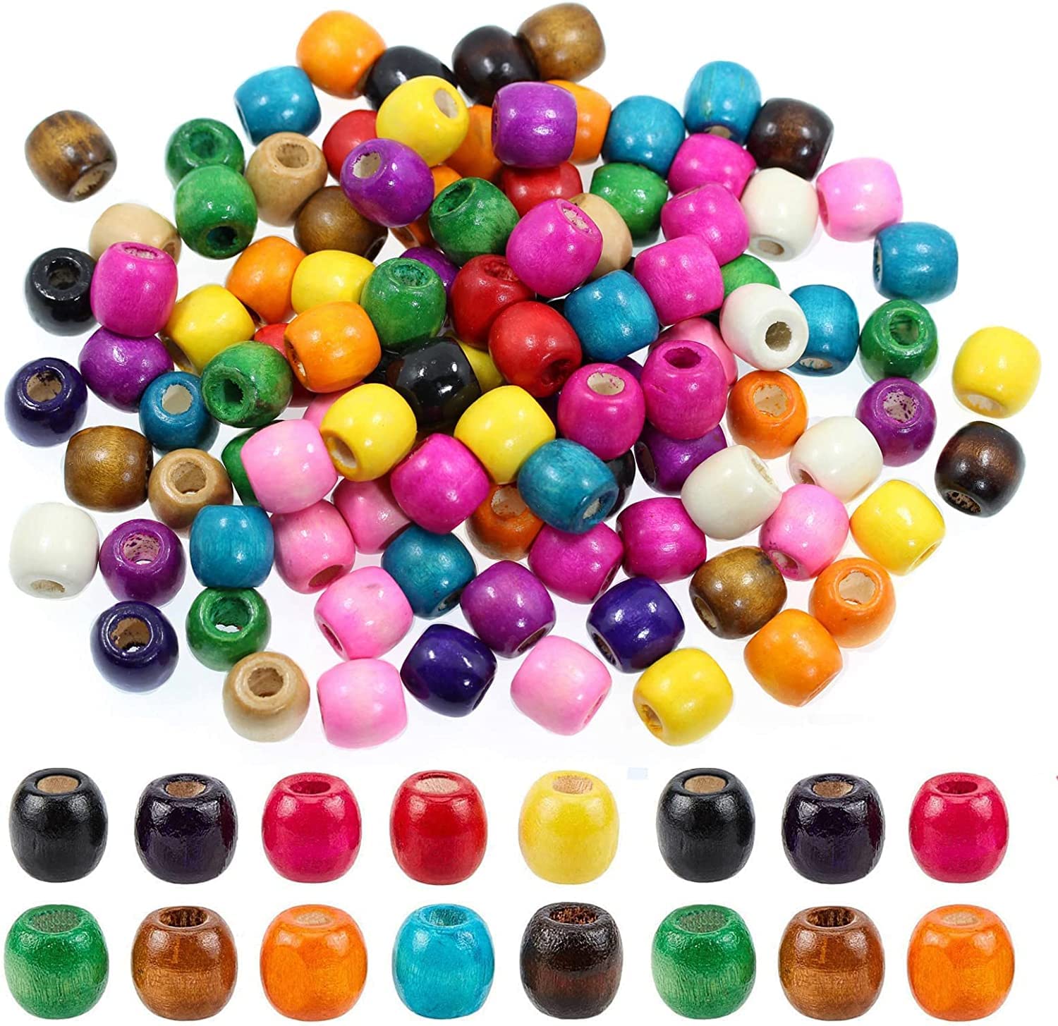BetterJonny 200Pcs Large Hole Barrel Wooden Spacer Beads, 17 * 16mm Colorful Natural Wooden Beads for Macrame Rosary Bracelet Jewelry Craft Making — image 1