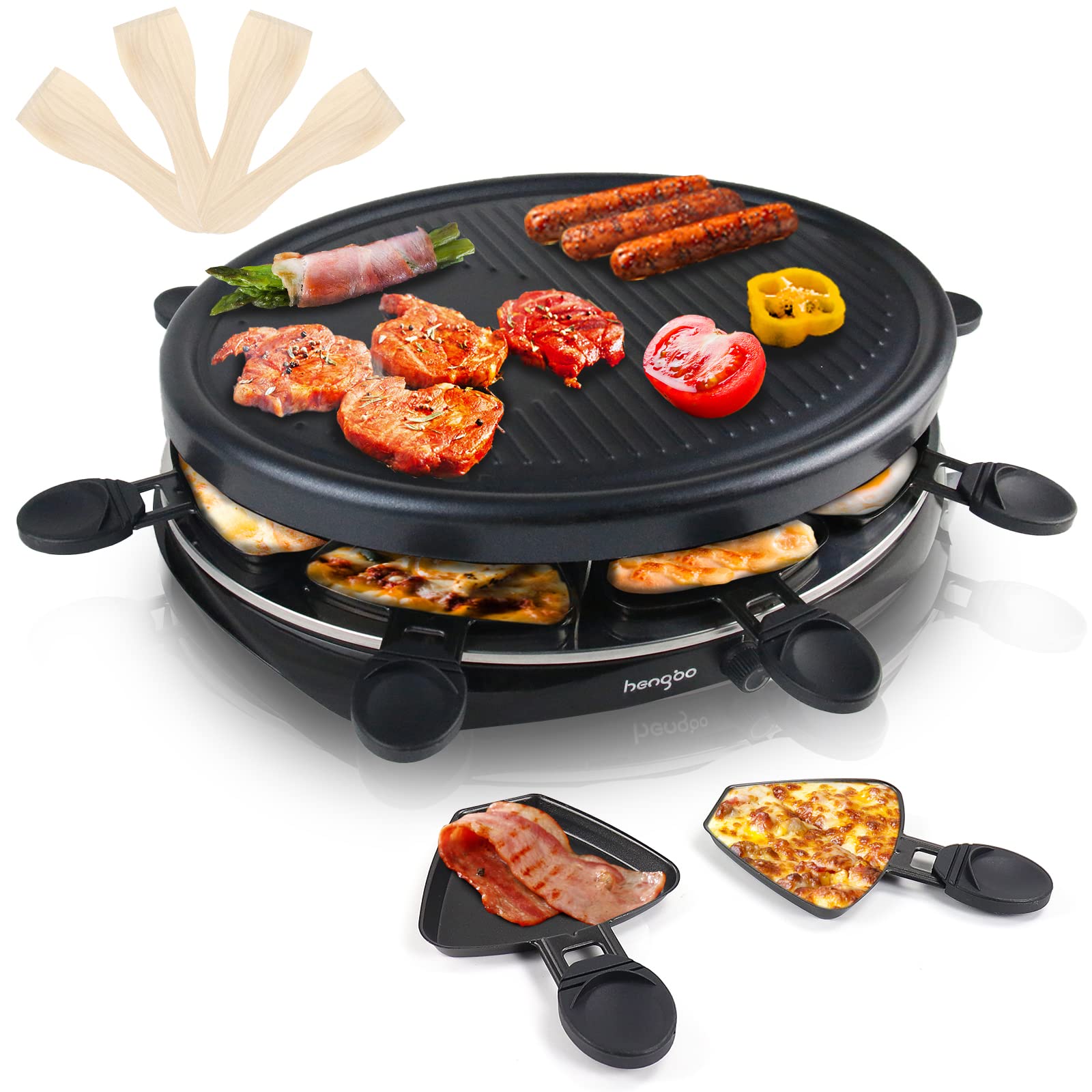Raclette Grill Raclette Cheese Machine for 8 Persons, Raclette Set with Non-Stick Coating Plate, Adjustable Temperature Control, 8 Mini Pans & 4 Wooden Spatulas, 1300W