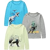 Qterdiz Boys Long Sleeve Shirts, Casual Cotton Tshirts Cartoon Graphic Crewneck Tops Tees Shirt for Kids Toddler Boy 3 Pack