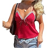 Women Polka Dot Cami Top Y2k Lace Trim Ruffled Hem Cami Top Adjustable Spaghetti Strap Polka Dot Bow Tie Camisole