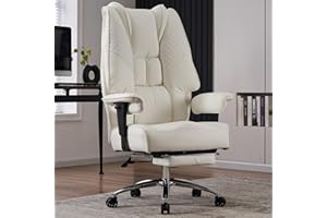 EXCEBET Big and Tall Office Chair 400lbs Wide Seat, Leather High Back Executive Office Chairs with Foot Rest, Ergonomic Lumbar Support for Lower Back Pain Relief (White)