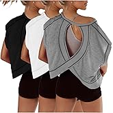 Womens 3 Pack Open Back Tops Casual Short Sleeve Workout Shirts Y2k Crop Athletic Tops Gym Yoga Running Tees