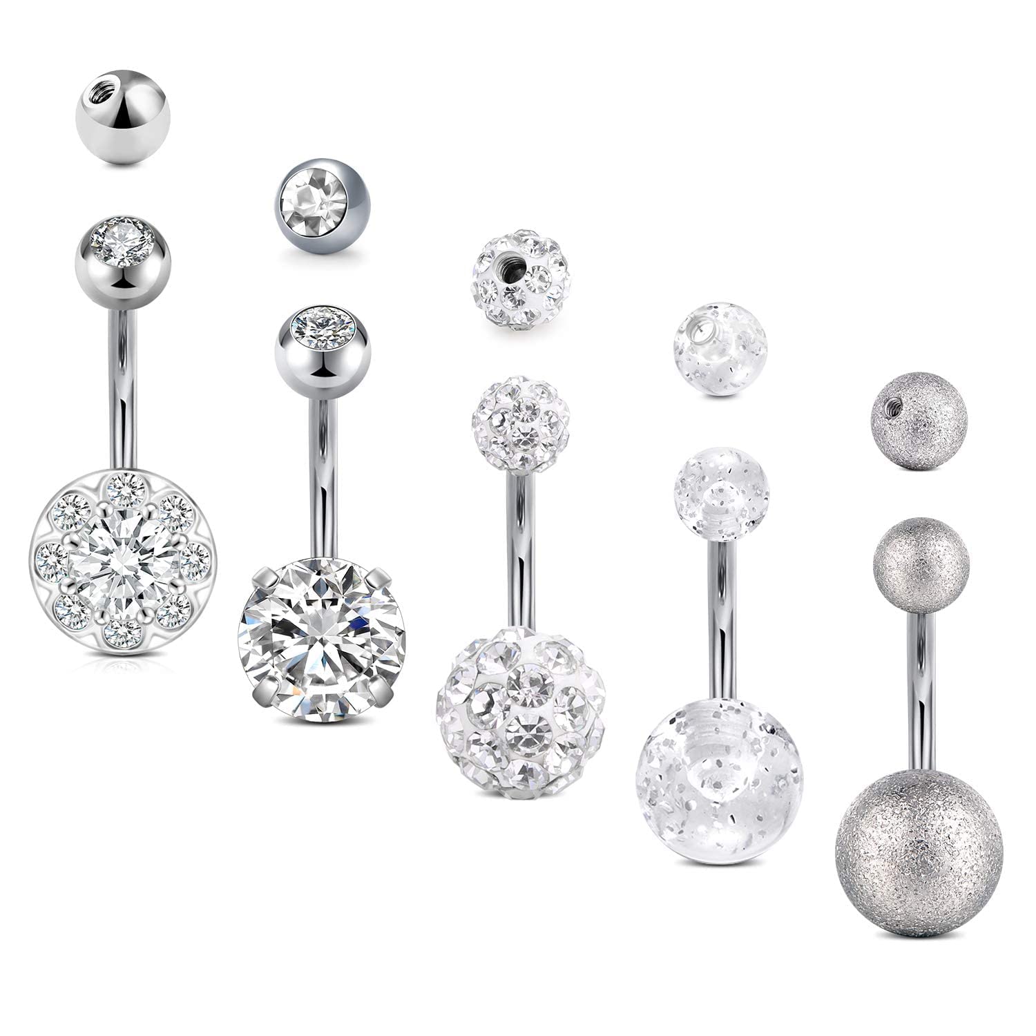 AceFun Belly Bars Silver 14G 10mm Belly bar Balls 5mm shamballa Belly bar Women Piercing Navel Barbell Stud Diamond Belly Button Piercing