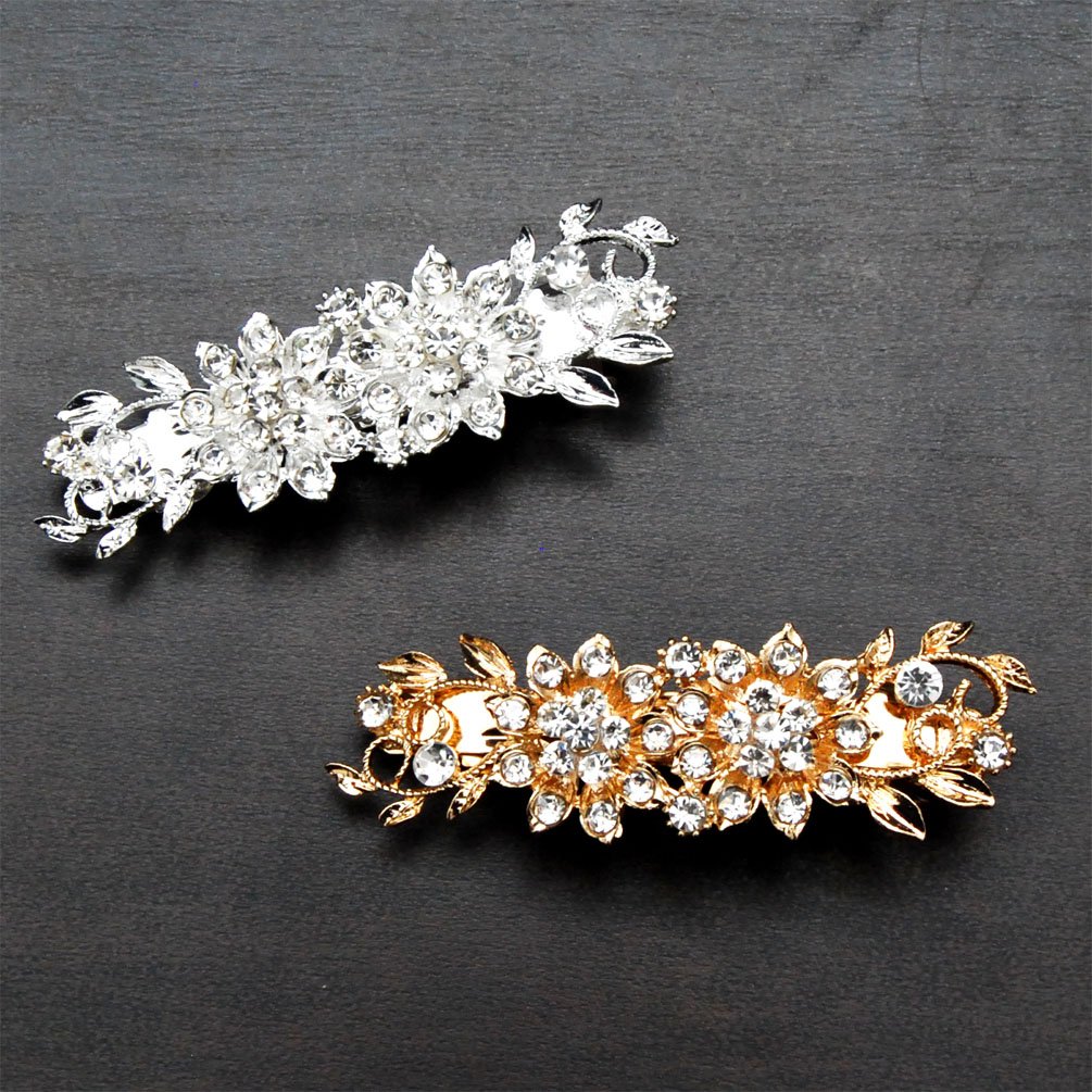 Luxxii - Clear Fancy Rhinestone Crystal Hair Barrette Clip Hair Pin (Pack 2, Silver & Gold Tone_C) : Beauty
