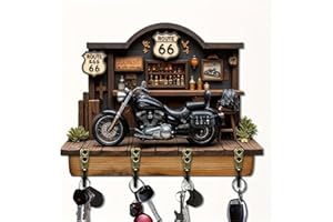 Edgiyuo Motorbike Bar Theme Wooden Key Holder - 2D Flat Design with 4 Metal Hooks for Home Wall Decor