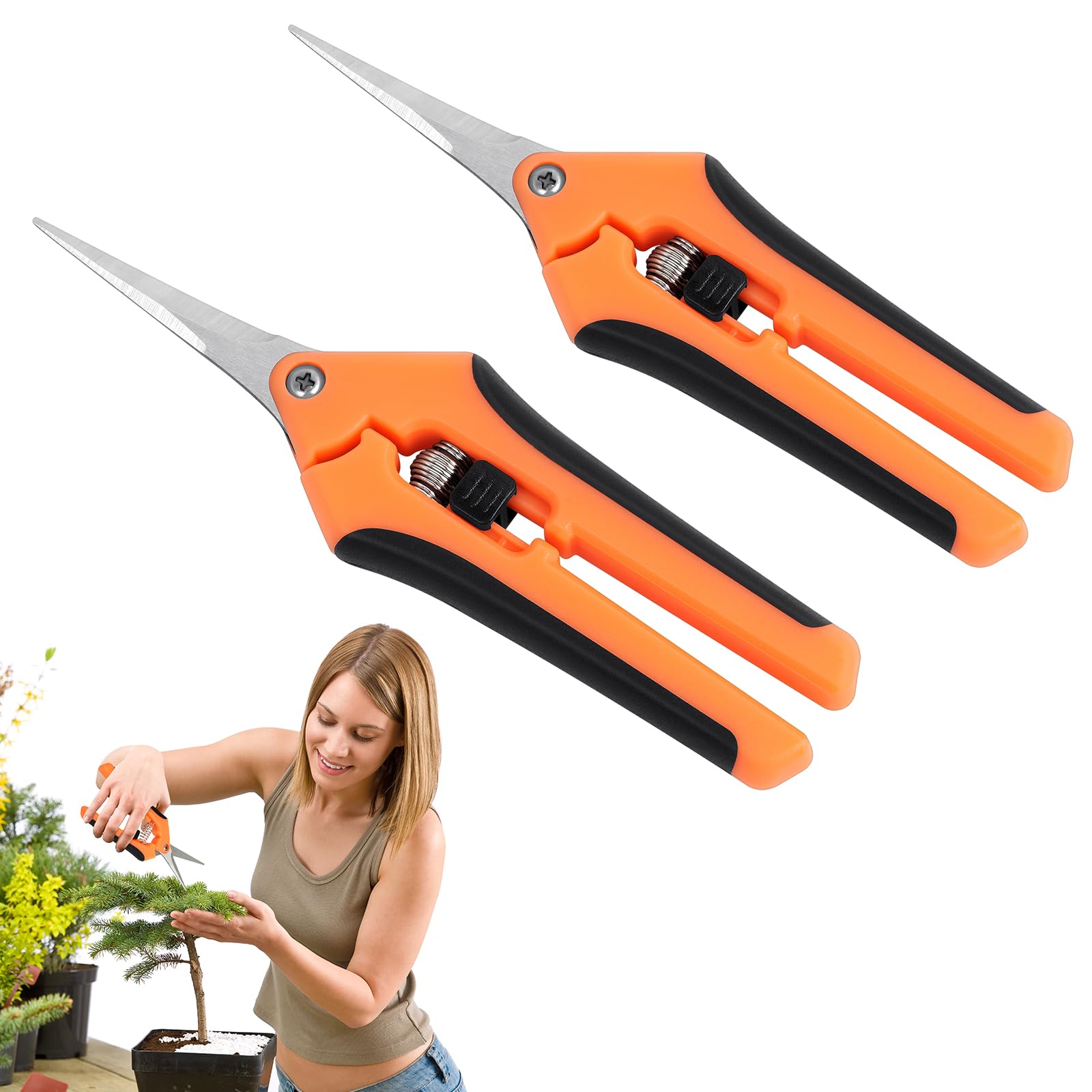 OFFCUP Pruning Shears, 2pcs 16.5cm Garden Scissors, Garden Secateurs Professional Stainless Steel Pruning Scissors with Soft-Touch Handle for Branches, Flowers, Rose, Fruit, Plants, Bonsai (Orange)