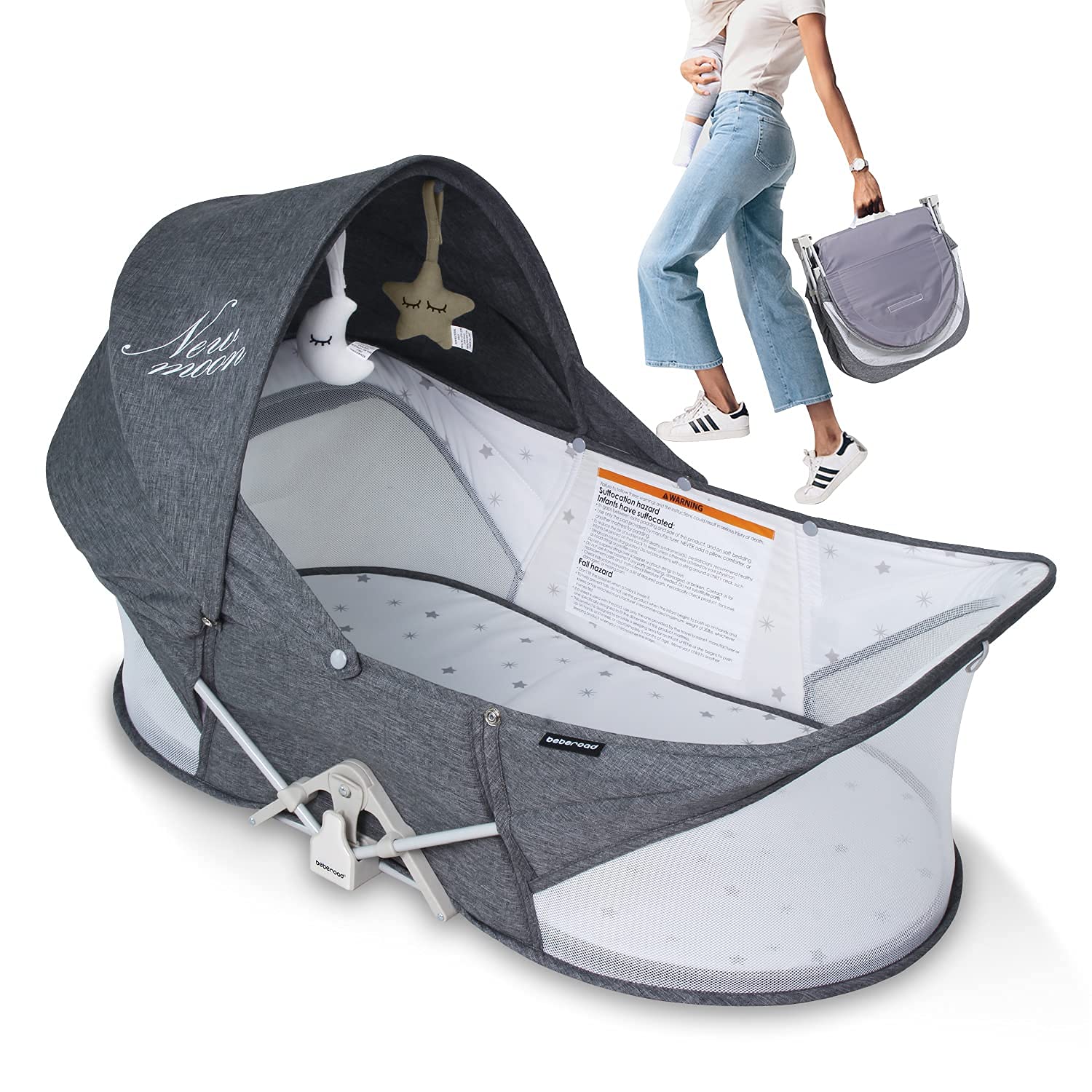 beberoad Portable Baby Bed Travel Bassinet Foldable Infant Crib, Baby Cots Portable Cots for Newborn, Babies, Toddlers with Mattress, Mosquito and Sunshde Net (Dark Grey)