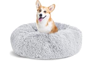 Lasaas Calming Dog Bed Donut Dog Bed for Small, Medium, Large Dogs Anti-Anxiety Cuddler Dog Bed & Cat Bed Faux Fur Washable Dog Bed Light Grey S 24''