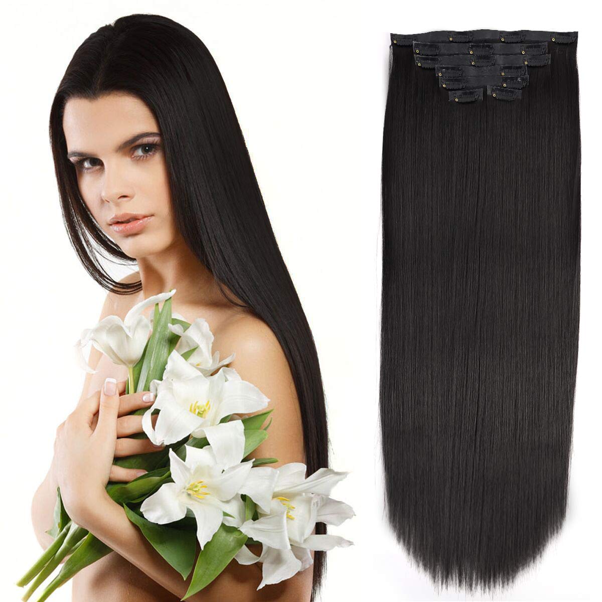 Photo 1 of 16" Seamless Clip in Hair Extensions with Invisible Thin Skin Weft Synthetic Hair Thick to Bottom Off Black (#1B) 7 Pieces 120gram/4.23oz