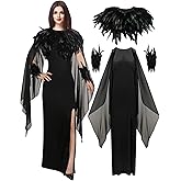 Jiuguva Womens Halloween Evil Witch Costume Elegant Maxi Dress with Gothic Feather Cape and Cuff for Halloween Cosplay Favors