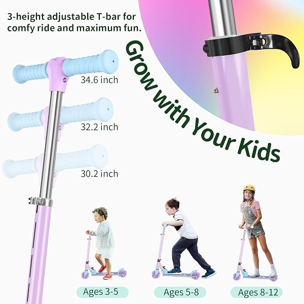BELEEV SCOOTERS FOR KIDS AGES 3-12 WITH LIGHT-UP WHEELS & STEM & DECK, 2 WHEEL FOLDING SCOOTER FOR GIRLS BOYS, 3 ADJUSTABLE HEIGHT, NON-SLIP PATTERN DECK, KICK SCOOTER FOR CHILDREN (PURPLE)