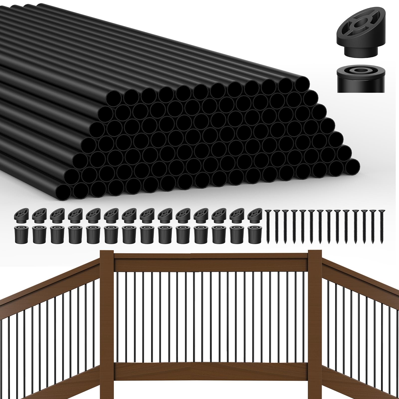 Photo 1 of HYPERGIANT 105 Pack 32" Aluminum Deck Balusters,3/4" Round Deck Railing Spindles with Conectors and Screw,Hollow Metal Deck Balusters for Railing Fencing Porch,Black Deck Stair Spindles for Staircase