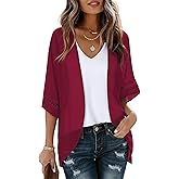 LILBETTER Women Lightweight Chiffon Kimono Cardigan Puff Sleeve with Lace Loose Beach Wear Cover Up Blouse Top