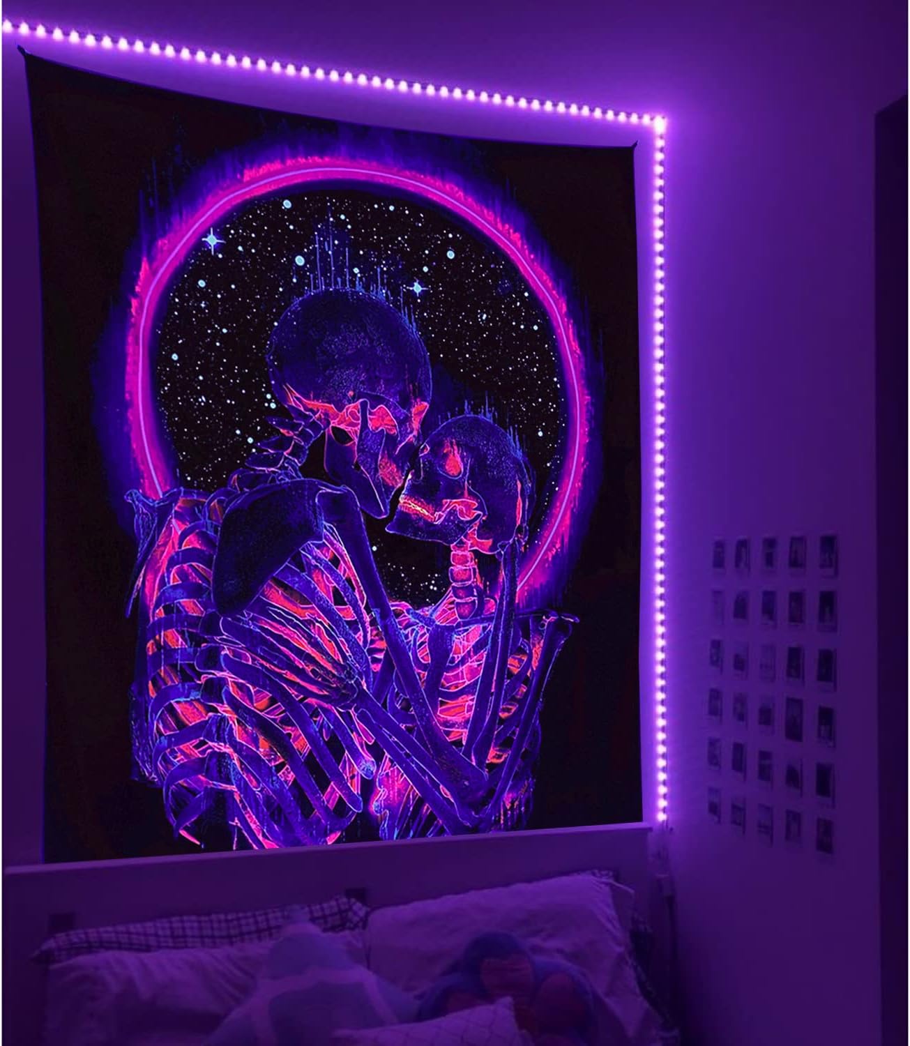 Tapestries - Manicer Blacklight Skull Tapestry, The Kissing Lovers Tapestry UV Reactive Trippy Neon Tapestries Glow in the Dark Party Backdrop, Skeleton Wall Art for Bedroom Living Room – 51.2” x 59.1”