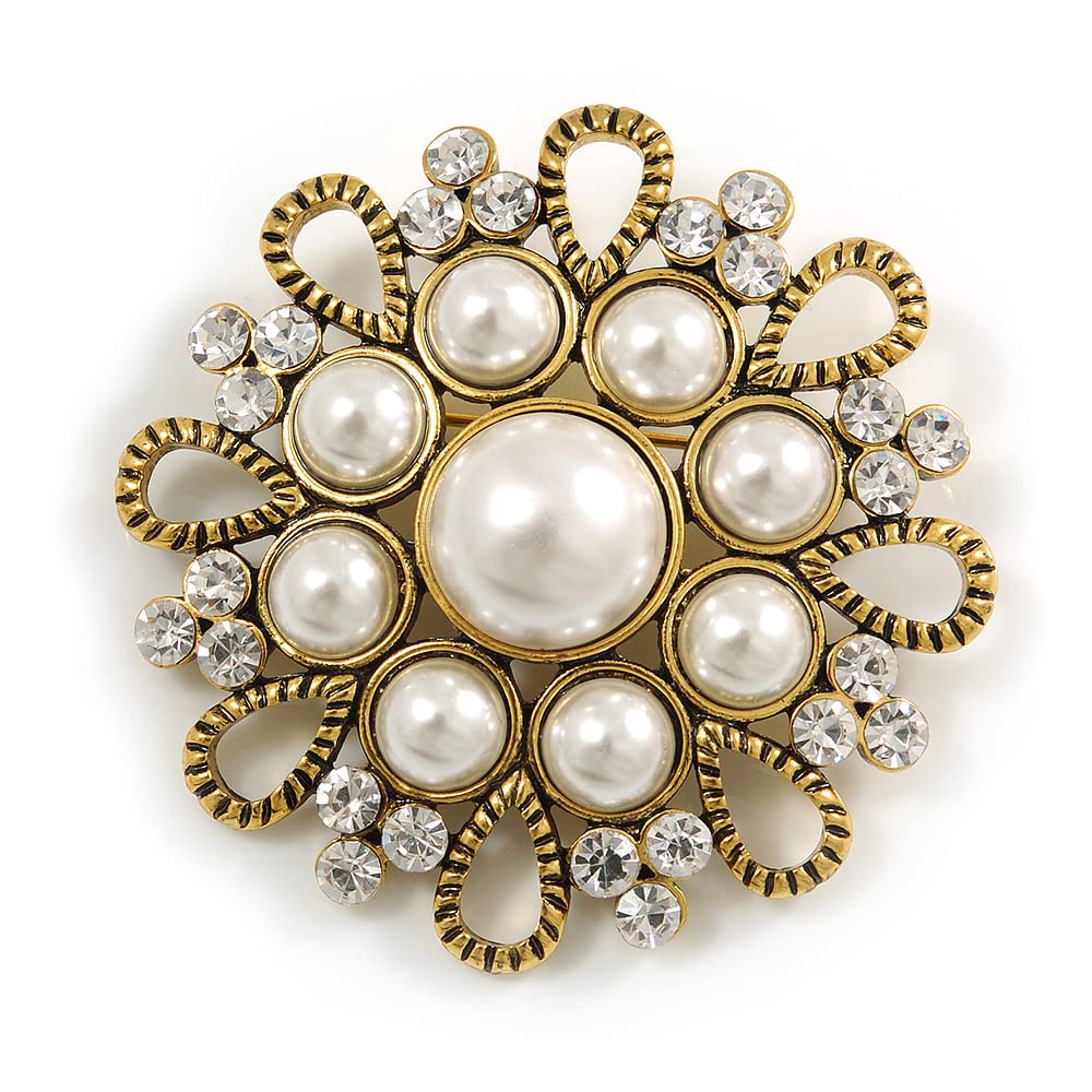 Vintage Wedding Imitation Pearl Crystal Brooch (Burn Gold Tone)