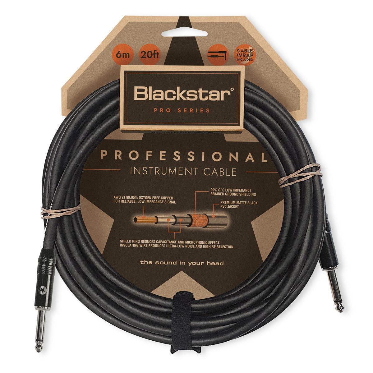 Blackstar 6m (20ft) Pro Series Instrument Cable Straight ¼” Jack to Straight ¼” Jack for Bass/Electric Guitar/Electro-Acoustic/Keyboard/Amp