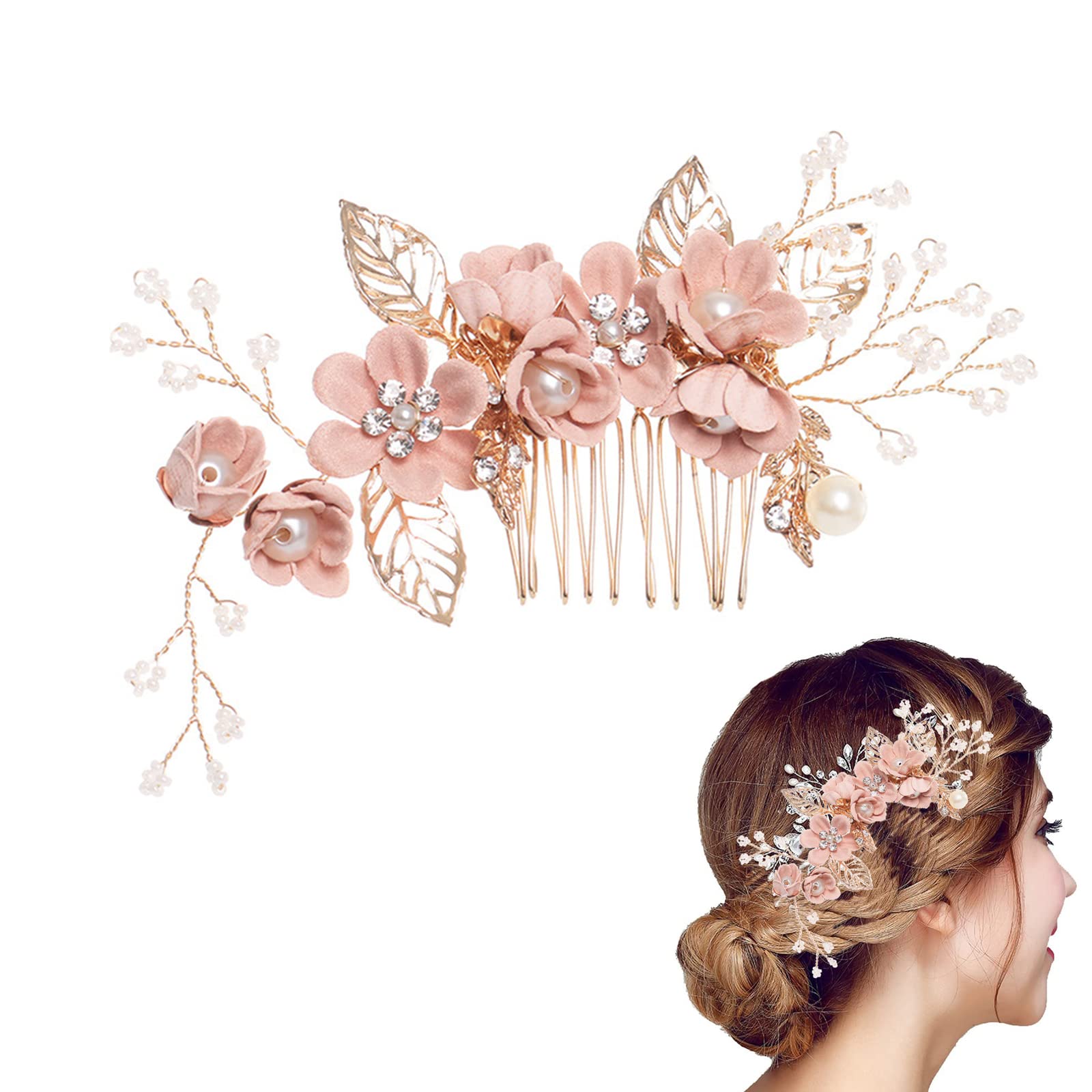 Vokowin Bridal Flower Side Hair Clips, Hair Clip Rhinestone Bridal Hair Accessories, Floral Bridal Headpiece, Fashion Girls Wedding Hair Piece (Pink) (K52-1)