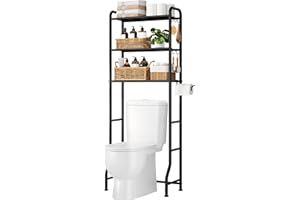 Kitsure Over Toilet Storage Rack – 3-Tier Black Metal Bathroom Organizer Shelf with Toilet Paper Holder & Hooks, Space-Saving