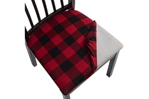 SearchI 6 Pack Christmas Seat Covers for Dining Room Chairs Stretch Printed Xmas Chair Seat Covers,Removable Upholstered Chair Seat Protector for Christmas Decoration,Kitchen,Office (Black/Red Plaid)