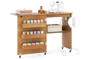 GENERIC Nightcore Folding Sewing Table, Multipurpose Craft Table with Charging Station, Lockable Casters, Rack and Storage Shelves, Space-Saving Cart, Sewing Desk Cabinet for Living Room Home Studio