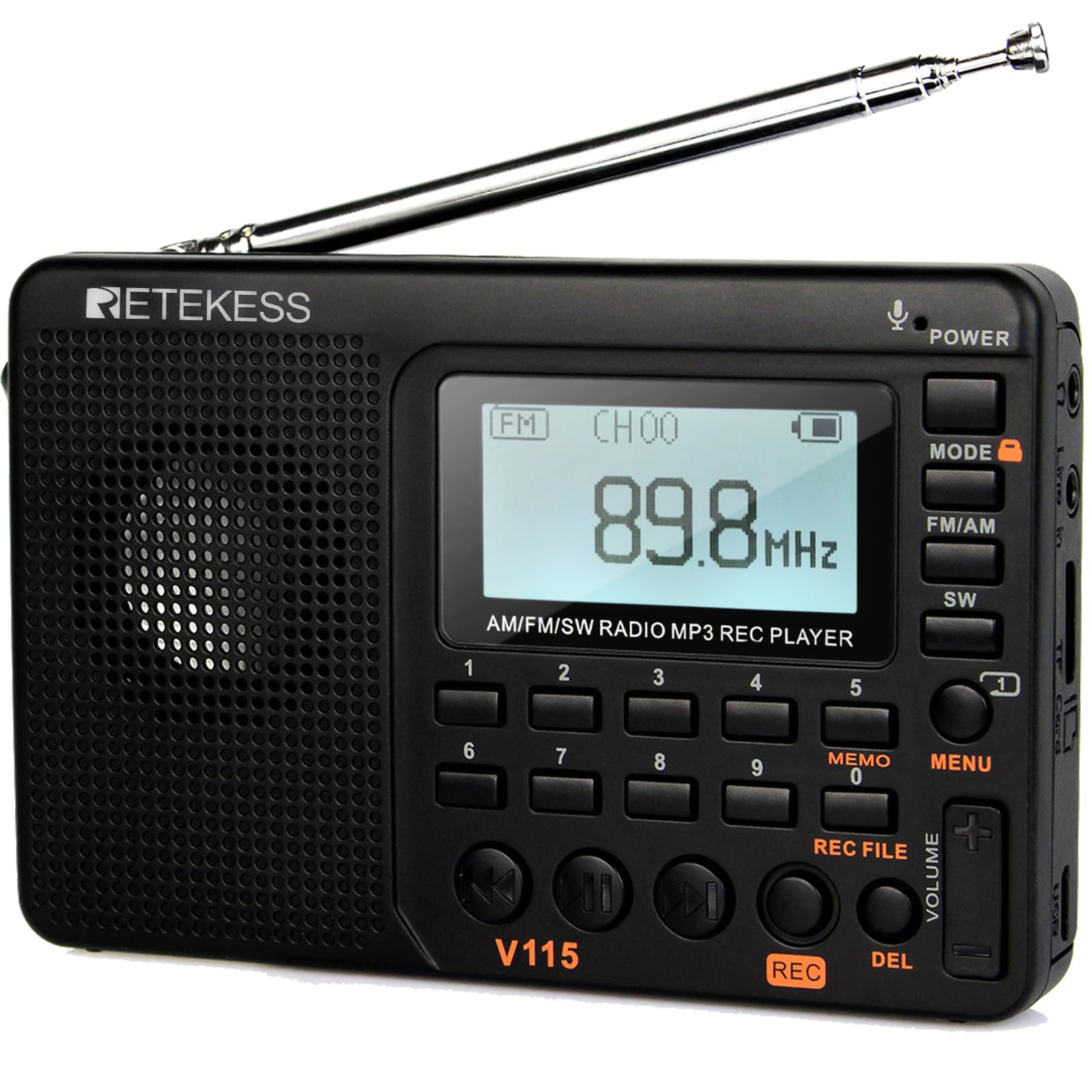 Retekess V115 Portable Radio, Pocket Radio, AM FM SW, Recorder, MP3 Support TF Card, Headphone Jack, Sleep Timer, LCD Backlight (Black)