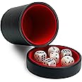 Luck Lab Black Leather Dice Cup with Lid Including 6 Matching Pearl Dice - Red Velvet Interior for Quiet Shaking - Use for Liars Dice Farkle Yahtzee Board Games