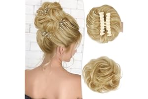 RUWISS Claw Clip Messy Bun Hair Piece Real Human Hair Buns Curly Chignon Hair Bun Extensions Wavy Tousled Updo Hair Buns Claw Clip Ponytail Hairpieces Hair Scrunchie（Golden Blonde Mixed Bleach Blond）