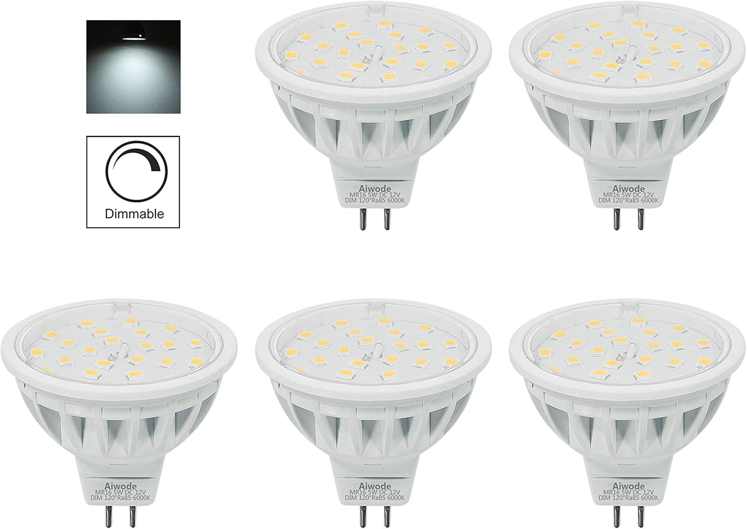 Aiwode(5 Pack) DC12V Dimmable MR16 LED Bulb Gu5.3 Spotlight,5W