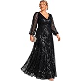 Ever-Pretty Women's Elegant A-Line V Neck Sheer Long Sleeves Plus Size Sequin Formal Dress Evening Gown