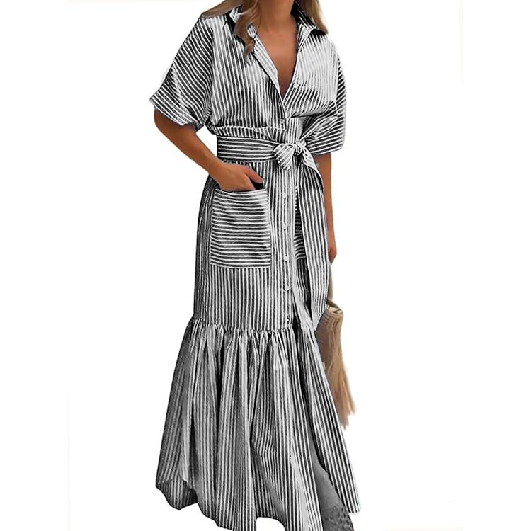 utcoco Women's Casual Plaid Button Down Shirt Dress Belted