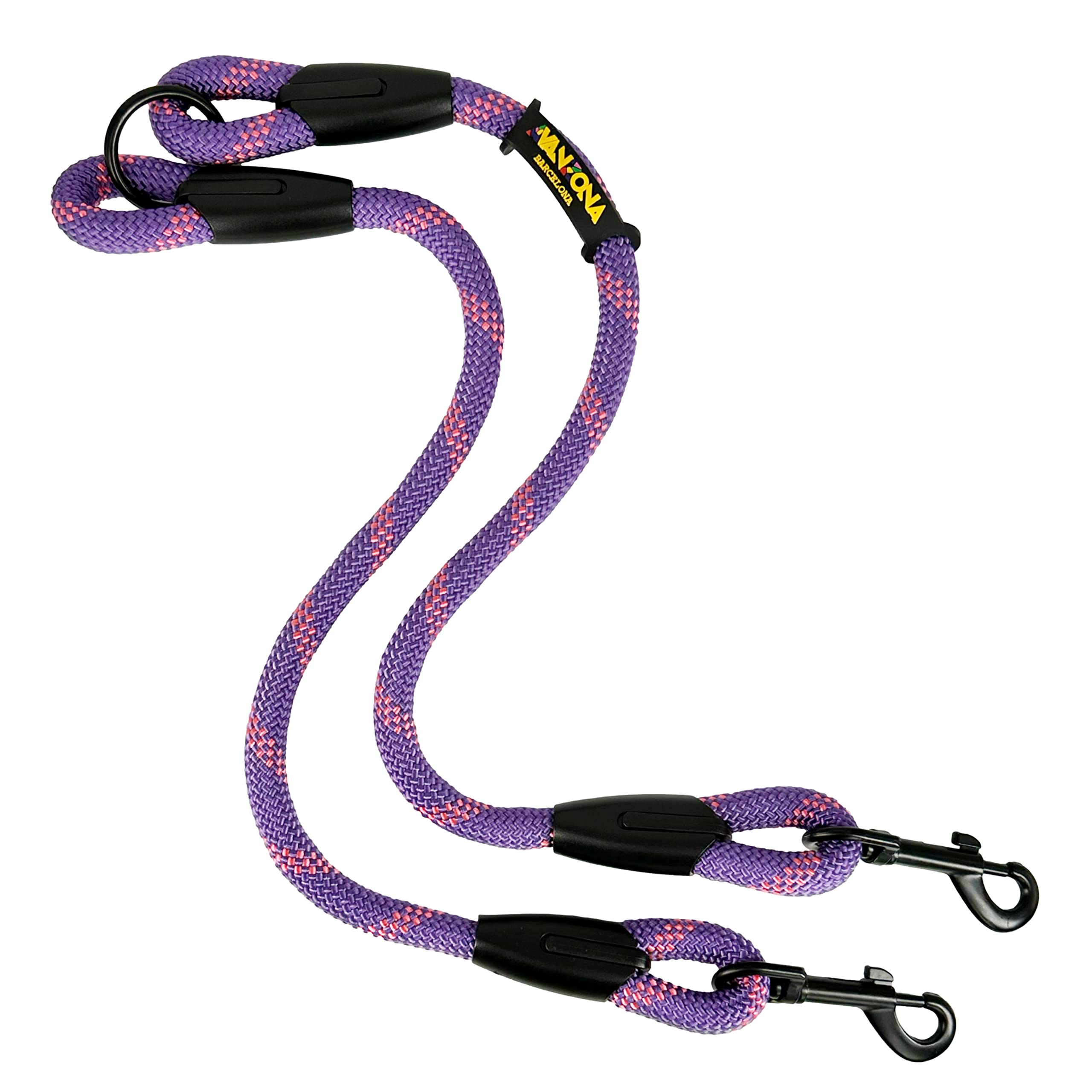Dog Lead, Double Hooks for 2 Dogs, Made in Spain, for Small Medium and Large Dogs. Violet with Pink