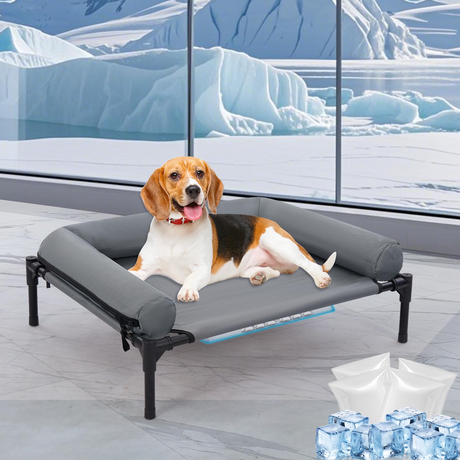 Photo 1 of 30'' Outdoor Elevated Dog Bed with Pillow, Raised Dogs Bed with Four Ice Pack, Breathable Cooling Dog Cot Beds Small Medium Size Dogs, Outdoor Pet Hammock Bed, Outside Pet Beds(Small)