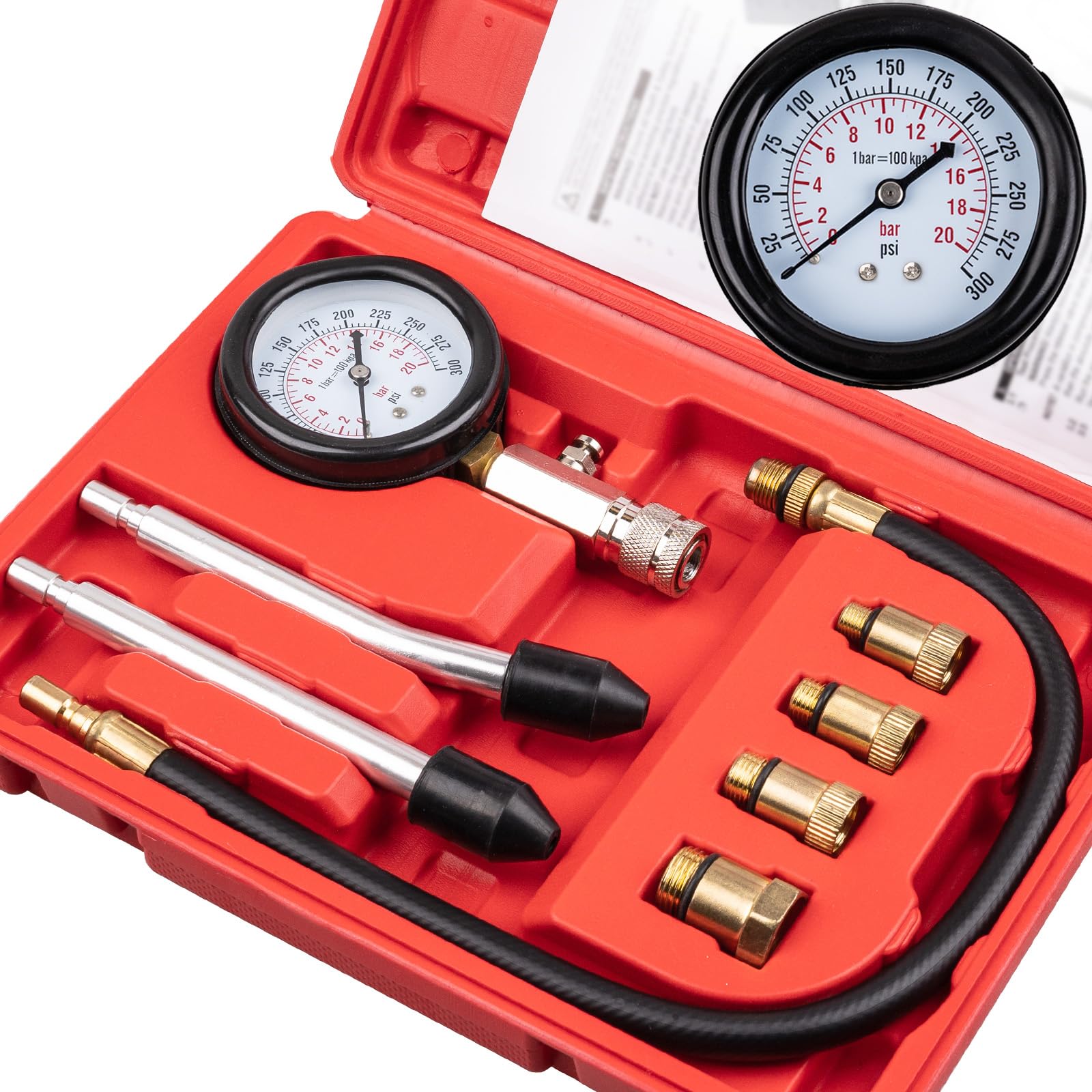 Photo 1 of Clatoon 8pcs Petrol Engine Cylinder Compression Tester Kit, Small Engine Compression Tester Automotive Tool Gauge 0-300PSI for Testing Car Motorcycle Outboard Motor Snowmobile Chainsaw