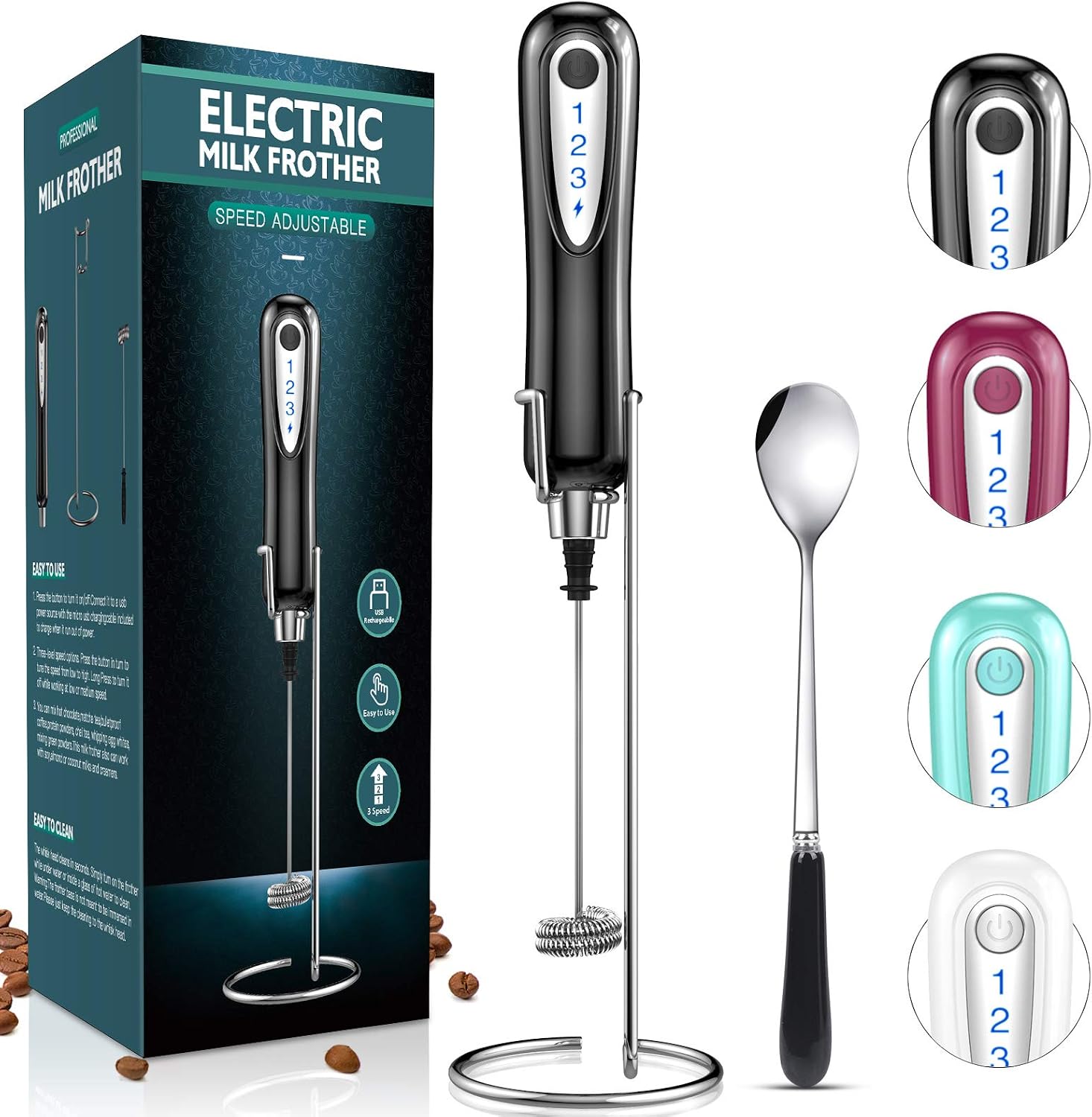 Mousseur à Lait Automatique SIMPLETASTE - Acier Inoxydable - Avec Support - Alimentation Piles AA - Gris