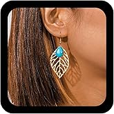 YienDoo Boho Turquoise Teardrop Drop Dangle Earrings Big Gold Leaf Drop Earrings Vintage Ethnic Turquoise Stone Hook Earrings Statement Hollow Leaf Dangle Earrings Jewelry for Women