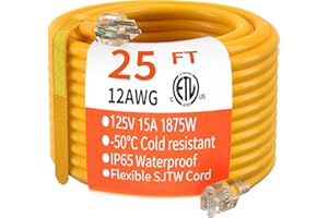 HUANCHAIN 25 ft 12/3 Gauge Heavy Duty Outdoor Extension Cord Waterproof with Lighted, Flexible Cold Weather 3 Prong Electric Cord Outside, 15A 1875W 125V 12AWG SJTW, Yellow, ETL Listed