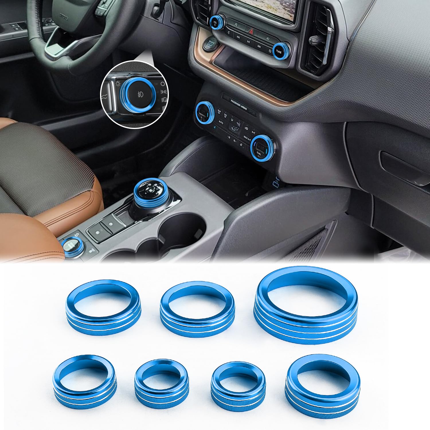 Photo 1 of auovo Air Conditioner Knob Cover for Ford Bronco Sport Accessories 2025 2021-2024 AC Knob Ring Headlight Switch 4WD Wheel Drive Gear Shift Switch Cover 7pcs Blue (Not fit for Bronco)