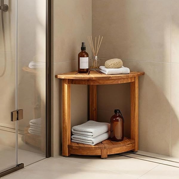 VICTORY RELAX ACACIA WOOD CORNER SHOWER SHELF FOR INSIDE SHOWER – WATERPROOF SHOWER BENCH & FOOT REST FOR SHAVING LEGS, SMALL BATHROOM SPA SEAT, NATURAL COLOR (17.9″)