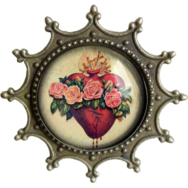 Spilla Sacro Cuore Di Gesù In Vetro E Metallo, Gioiello Cristiano Handmade, Diametro 2 Cm, Regalo Religioso